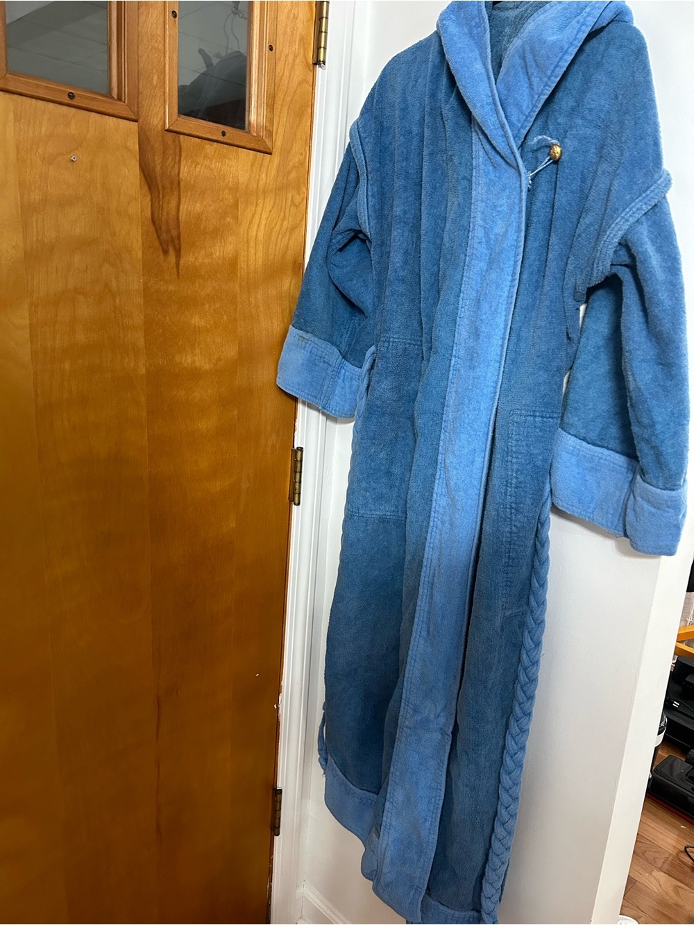 Men's Blue Hooded Terry Robe with Braided Trim